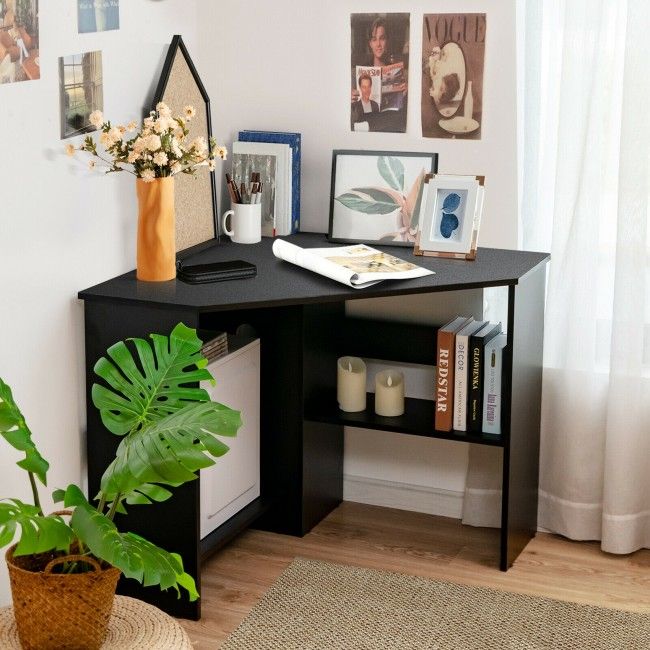 Corner Computer Desk Triangle Writing Workstation with Storage Shelf