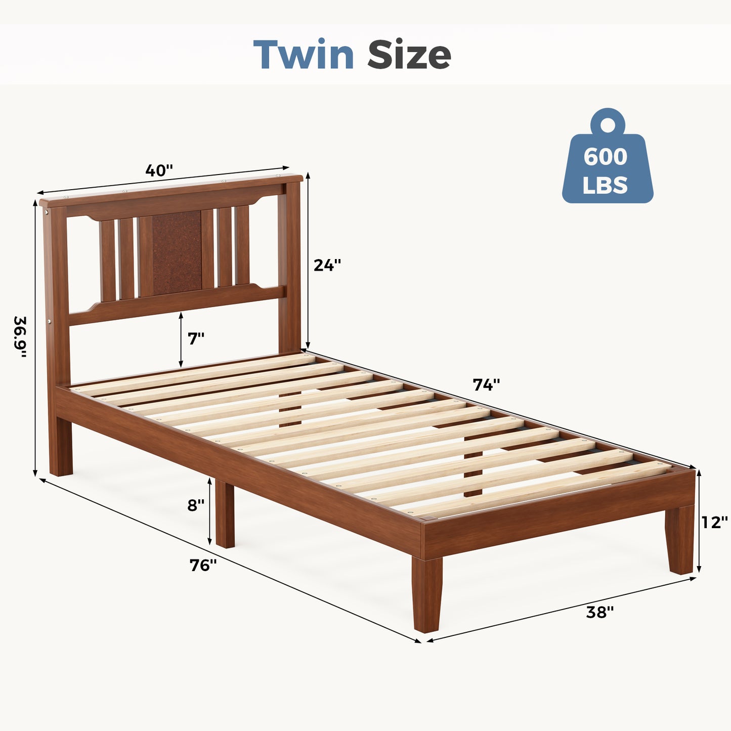 Solid Wooden Bed Frame With Headboard, Sturdy Wooden Crossbars For Support, Heavy Pine Bedroom Bed Frame