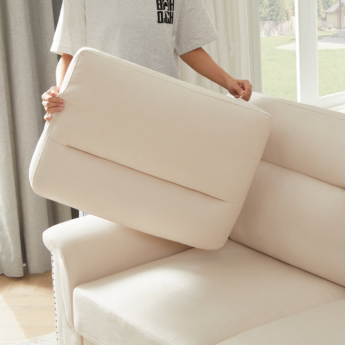 82 Modern Compressed Snowfleece Fabric 3-Seater Sofa, For Living Room, Bedroom, Office & Entertainment Spaces, Beige