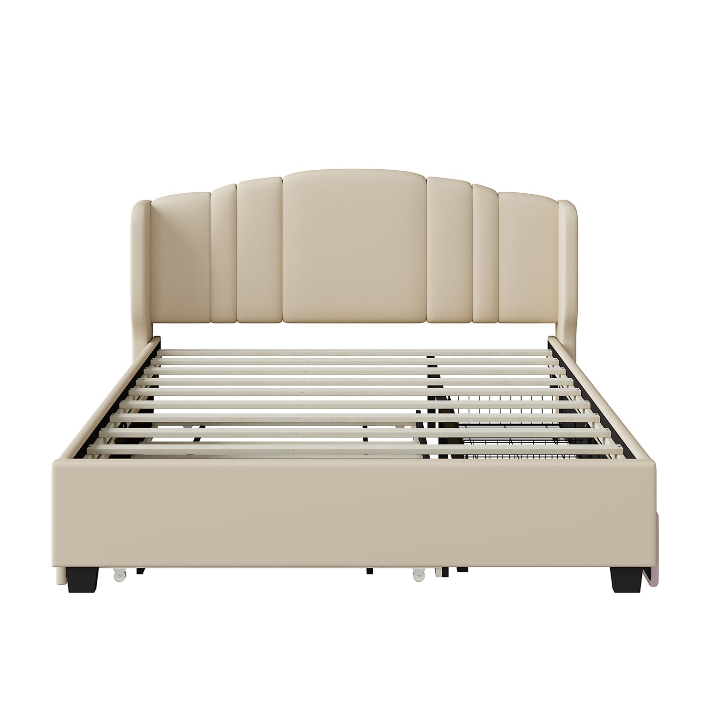 Upholstered Platform Bed With Wingback Headboard, One Twin Trundle And 2 Drawers, No Box Spring Needed, Linen Fabric, Queen Size, Beige