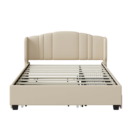 Upholstered Platform Bed With Wingback Headboard, One Twin Trundle And 2 Drawers, No Box Spring Needed, Linen Fabric, Queen Size, Beige