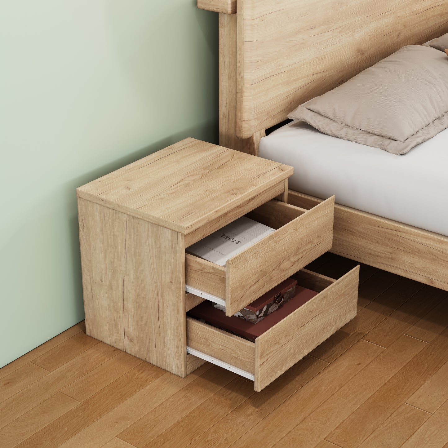 19.7-Inch Natural Nightstand With 2 Drawers, Beside Table With Drawers Handle Free Design,Thickened Top Plate,Small Side Table Storage Cabinet 2 Drawer Night Stand For Bedroom,Living Room