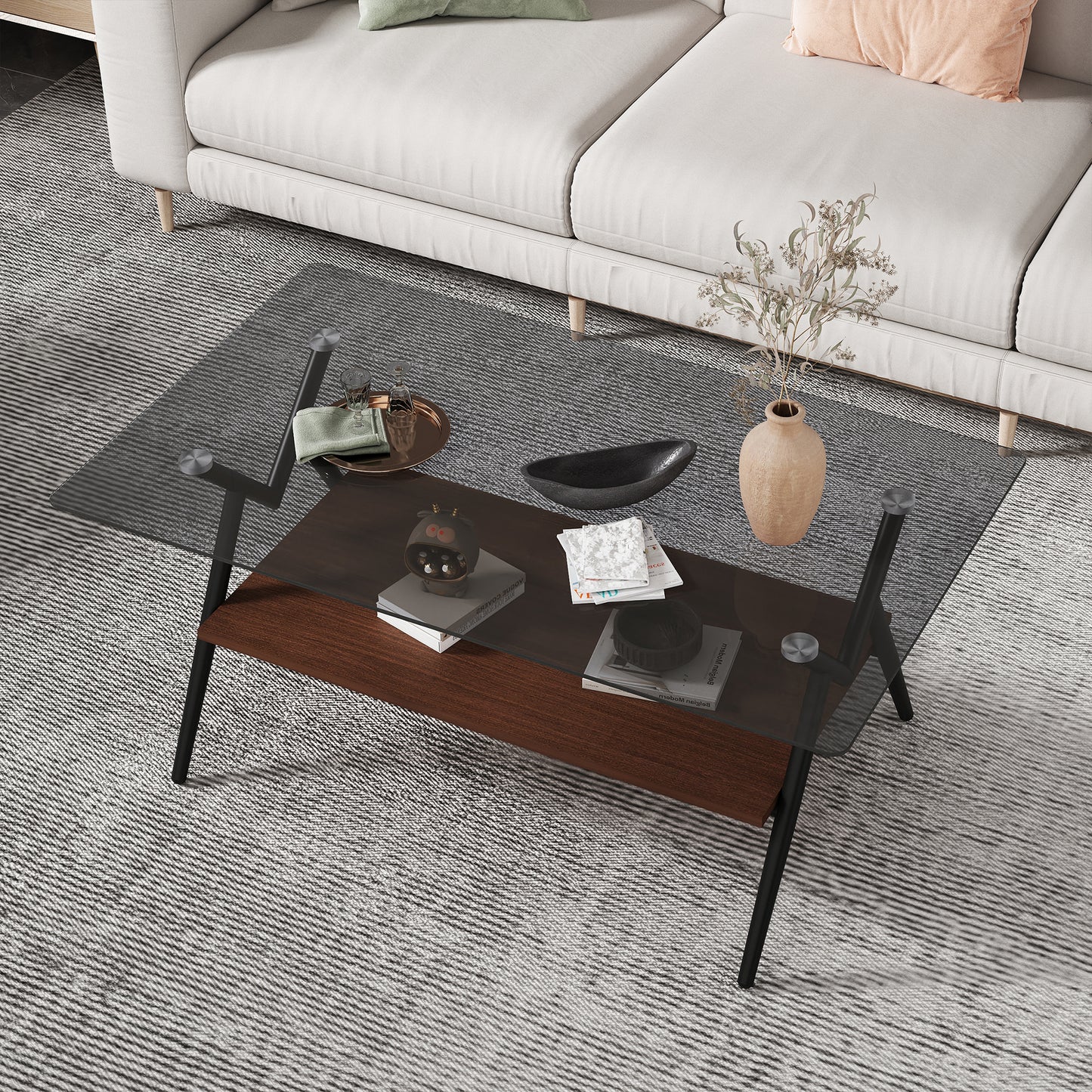 Rectangle Coffee Table With Tempered Glass Top And Brown MDF Shelf, Modern Table For Living Room, Gray Glass