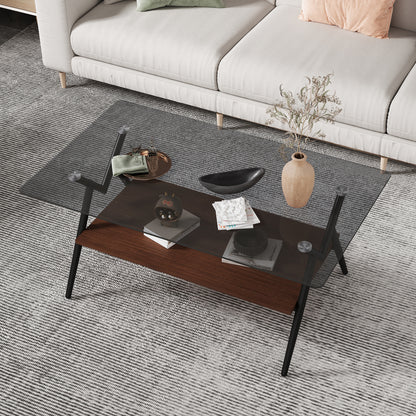 Rectangle Coffee Table With Tempered Glass Top And Brown MDF Shelf, Modern Table For Living Room, Gray Glass