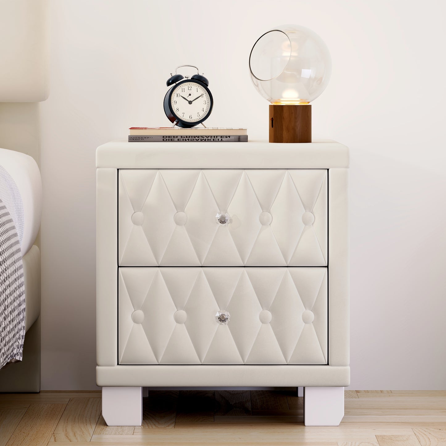 Elegant Velvet Nightstand With 2 Drawers And Crystal Handle, Storage Bedside Table With Button-Tufted, Beige