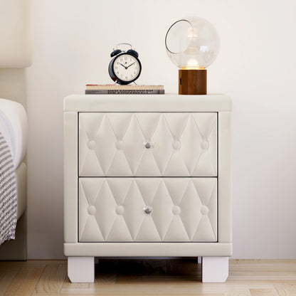 Elegant Velvet Nightstand With 2 Drawers And Crystal Handle, Storage Bedside Table With Button-Tufted, Beige