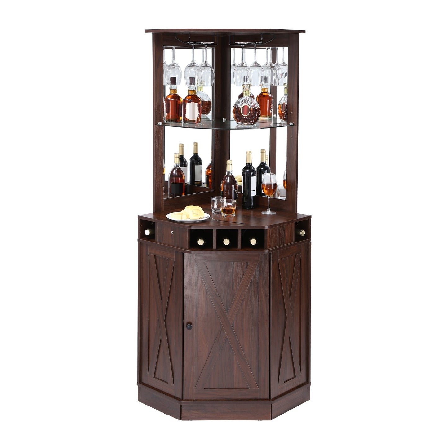Corner Industrial Bar Cabinet, Wine Table For Liquor & Glasses, Sideboard Buffet Cabinet With Glass Holder, Freestanding Farmhouse Wood Coffee Bar Cabinet For Living Room, Home Bar, Black Walnut