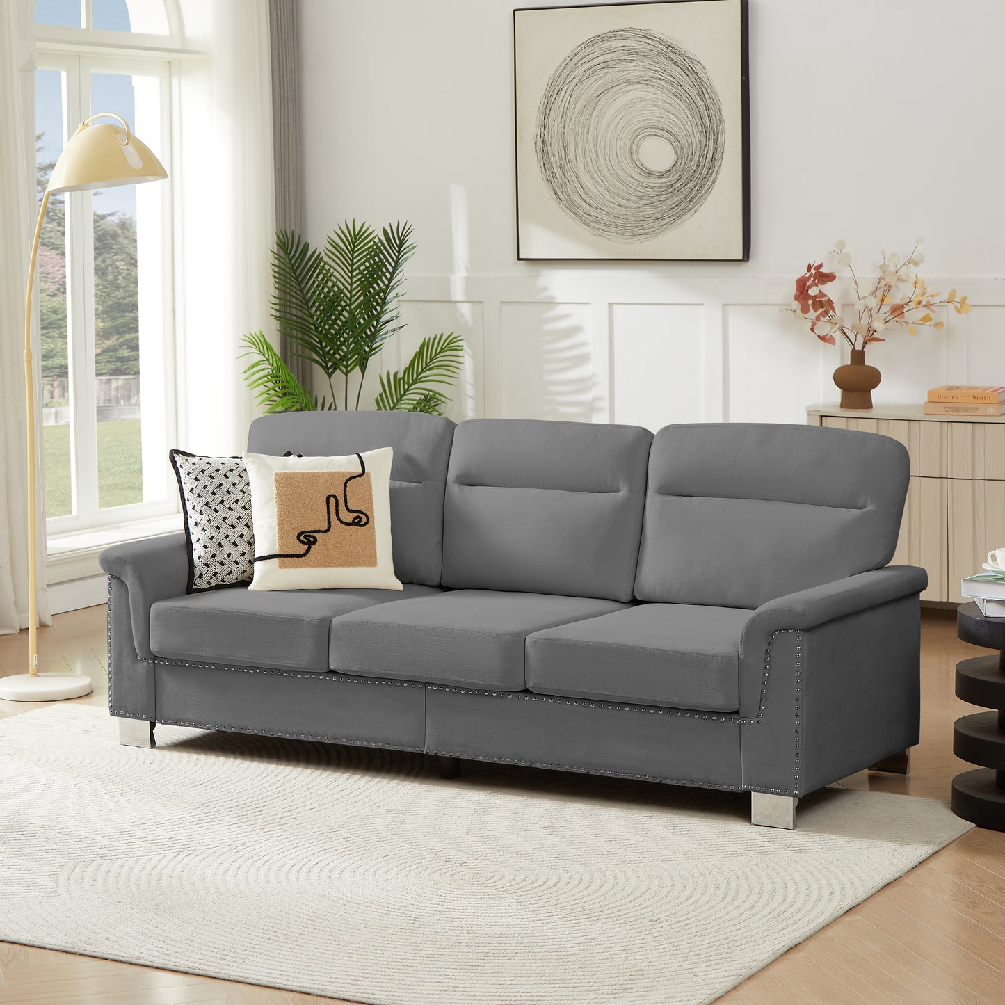 82 Modern Compressed Snowfleece Fabric 3-Seater Sofa, For Living Room, Bedroom, Office & Entertainment Spaces, Gray
