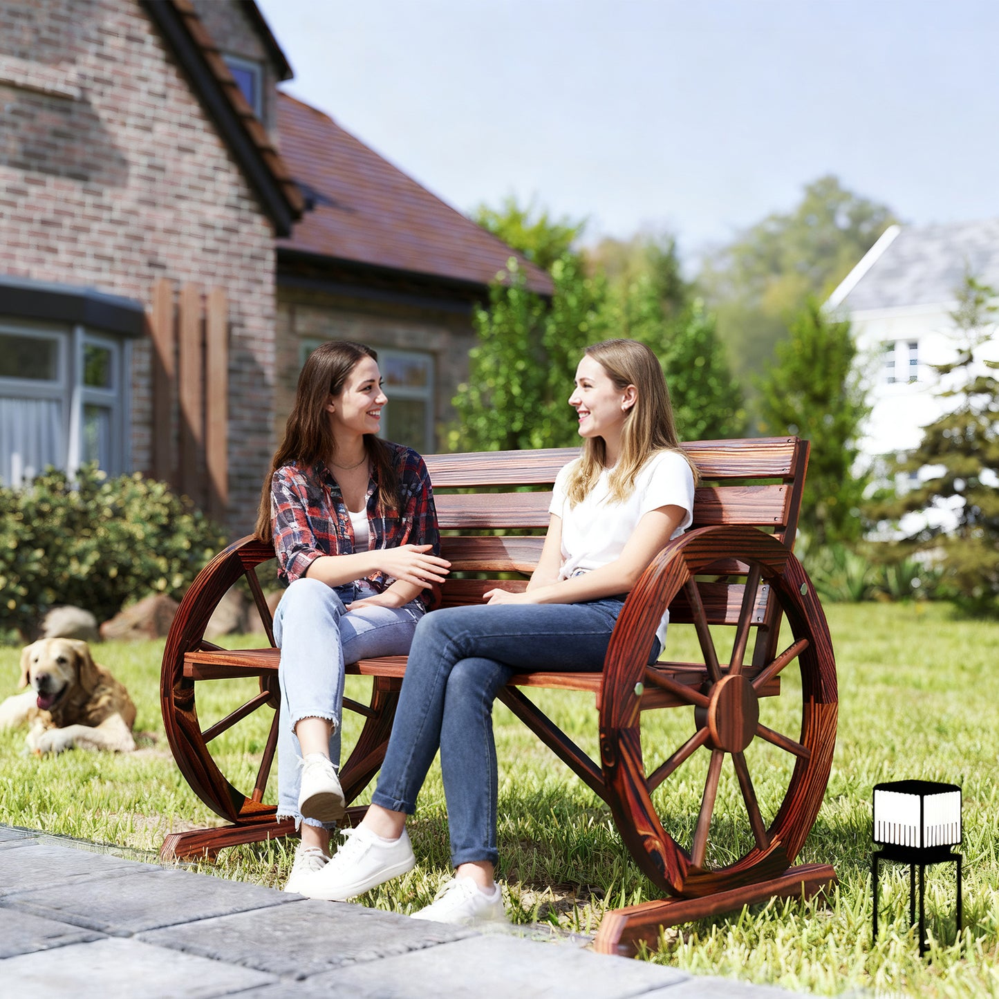 41" Wooden Wagon Wheel Bench, Rustic Outdoor Patio Weather Resistance Furniture, 2-Person Slatted Seat Bench with Backrest, Carbonized