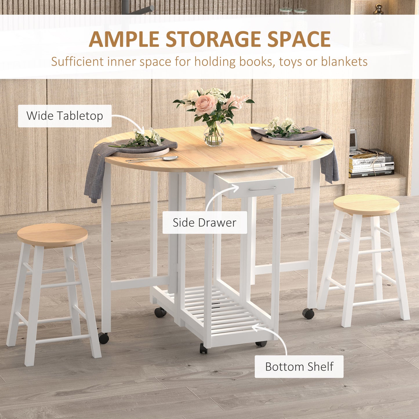 3 Pieces Dining Room Set, Mobile Foldable Dining Table And 2 Stools With Storage Shelf, 2 Drawers And 6 Wheels, Drop Leaf Bar Table And Stools For Home Kitchen Pub, White