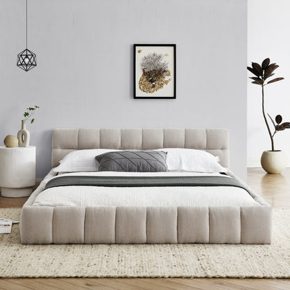 Queen Size Upholstered Bed Frame With Thick Fabric, Chenille Fabric Grounded Queen Size Platform Bed With Headboard And Solid Frame. No Box Spring Needed, Beige 68x86.5x23.5