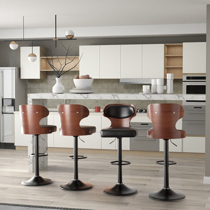 Bar Stools Set Of 2, Bentwood Swivel Barstools Seat Adjustable Height 24.5-33.5IN With Back & Footrest - PU Leather Upholstered Bar Chair For Dining Room