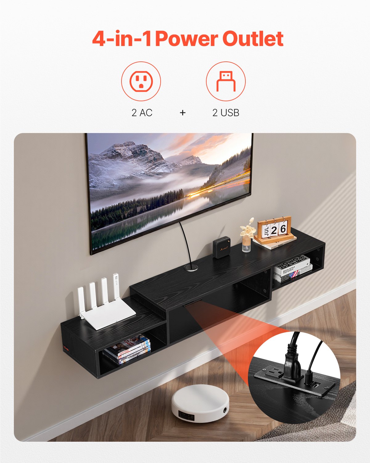 Floating TV Stand, 59" Wall Mount Entertainment Center With Power Outlet & Cable Hole, Modern Floating TV Shelf With Storage Cabinet For DVD Player, Cable Box, Game Console, TV Accessory, Black
