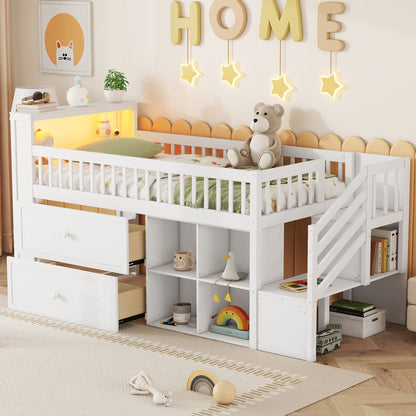 Twin Size Loft Bed With LED And Bookshelf, Wood Low Loft Bed With Stairs, Kids Twin Loft Bed With Storage Drawers And Shelves,White Expect Arrival Date 2025 1 20