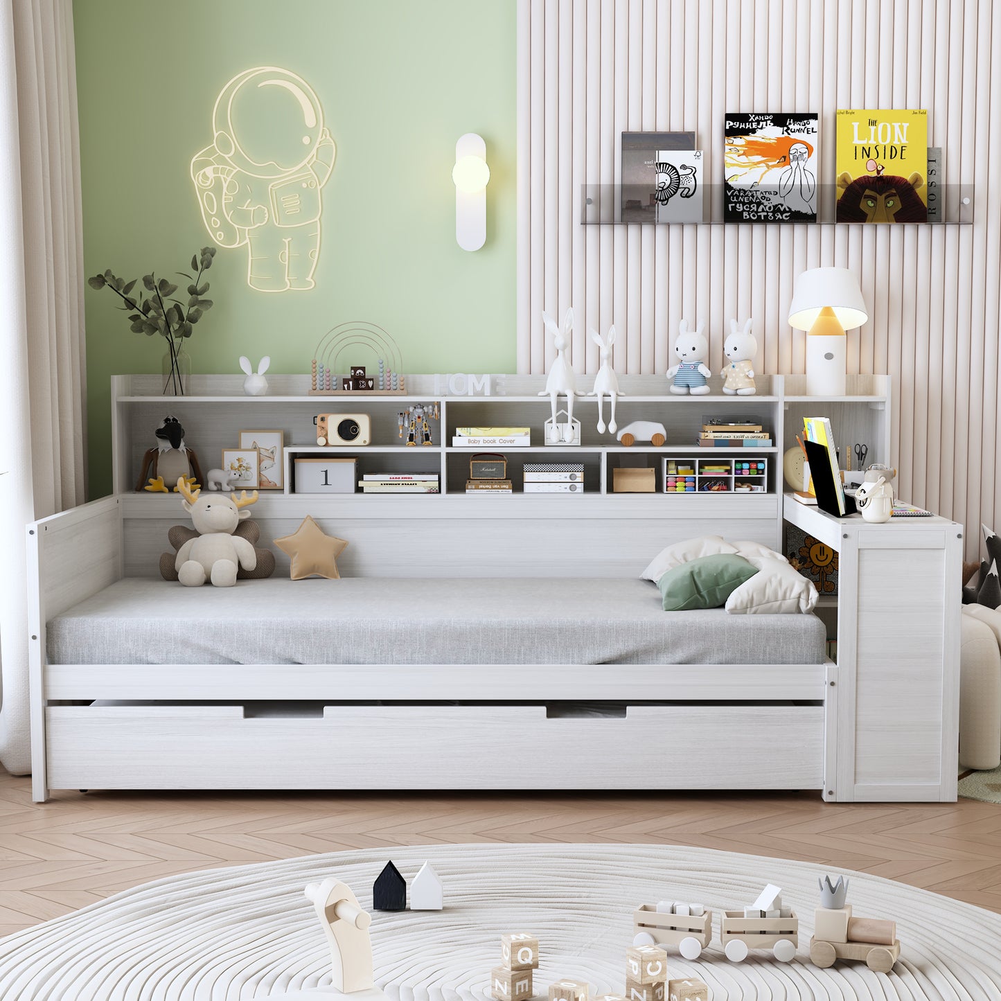 Wooden Twin Size Daybed With Storage Shelves, Multi-functional Bed With Twin Size Trundle Bed And  Study Desk, Antique White