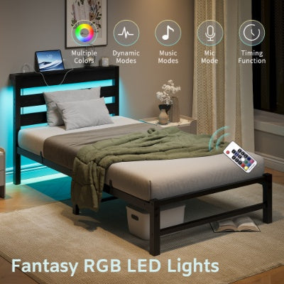 Twin Size Bed Frame Heavy Duty Platform Bed Frame With Headboard, USB Charging Station, LED Bed, No Box Spring Needed, Mattress Foundation, Strong Steel Slats, Noise Free, Black