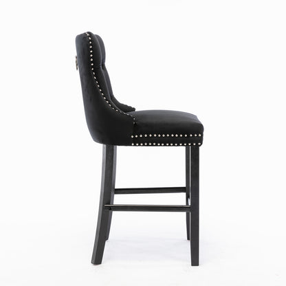 Contemporary Velvet Upholstered Barstools With Button Tufted Decoration And Wooden Legs, And Chrome Nailhead Trim, Leisure Style Bar Chairs,Bar Stools, Set Of 2 Black,SW2002BK
