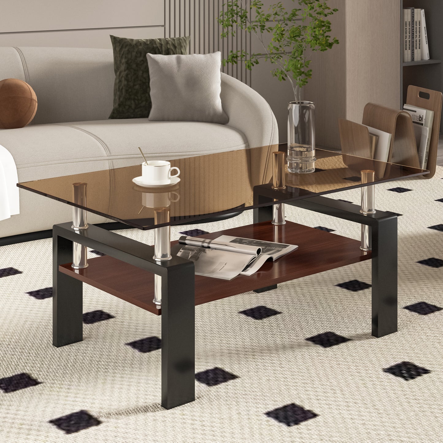 Rectangle Coffee Table, Tempered Glass Tabletop With MDF Layer, Modern Table For Living Room , Brown Glass