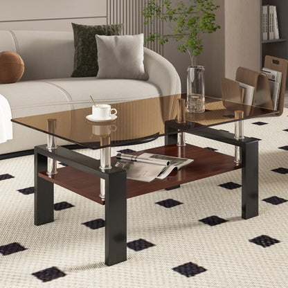 Rectangle Coffee Table, Tempered Glass Tabletop With MDF Layer, Modern Table For Living Room , Brown Glass