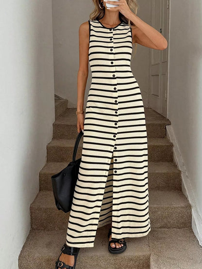 Striped Button-Front Sleeveless Slit Maxi Dress
