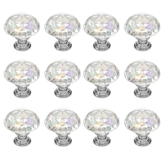 Cabinet Knobs, 12 Pack, 1.22 Inch Acrylic & Zinc Alloy Drawer Pulls Door Handles, Diamond Kitchen Solid Knobs Dresser Handles, Cupboard Hardware With Screws For Bathroom Closet Cabinets Drawers