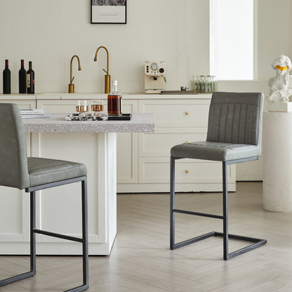 Gray Faux Leather Bar Stool With Vertical Tufted Backrest - Sturdy Black Metal Frame Counter Height Seating With Footrest For Kitchen Island, Home Bar & Dining Space,2 Sets