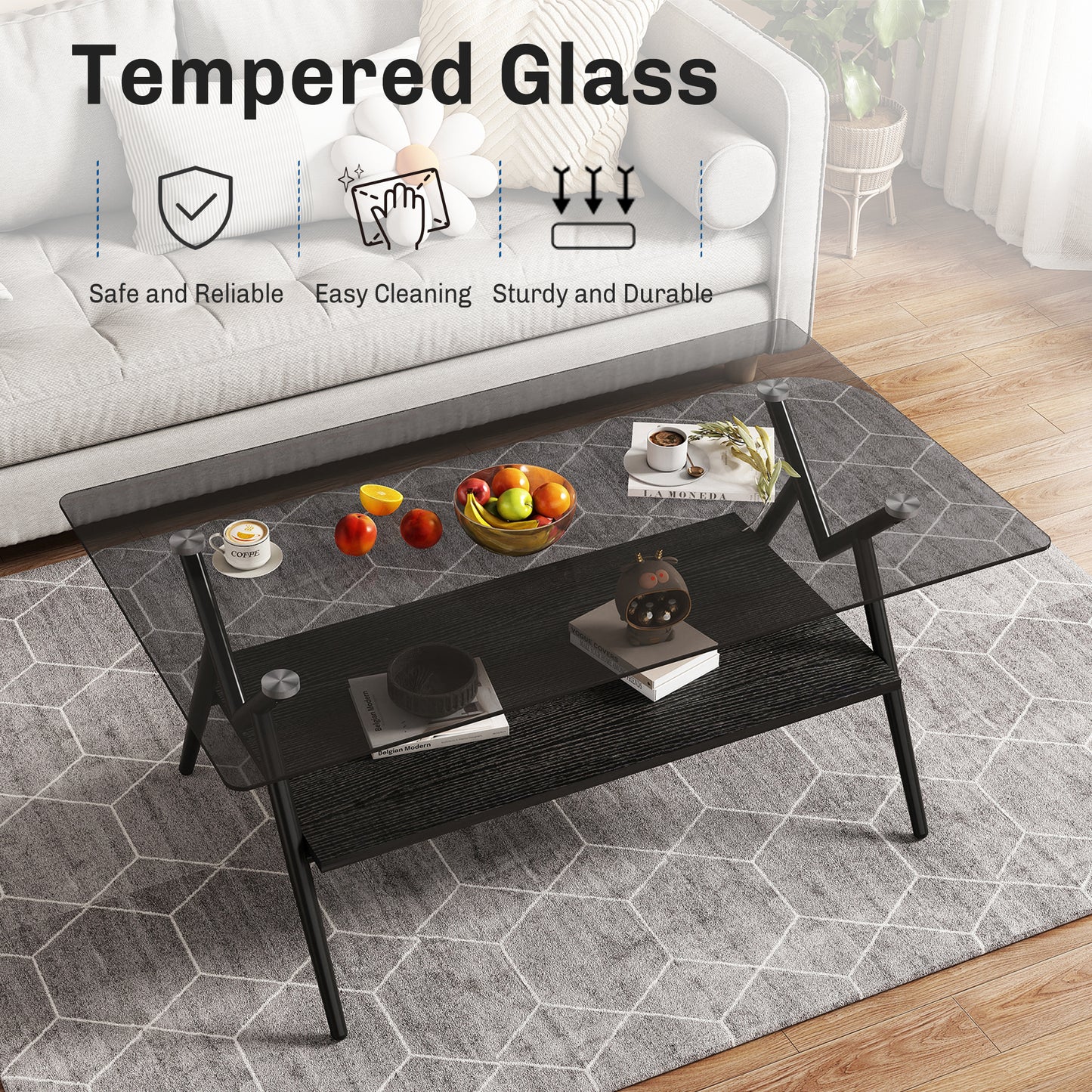 Rectangle Coffee Table With Tempered Glass Top And Black MDF Shelf, Modern Table For Living Room, Gray Glass