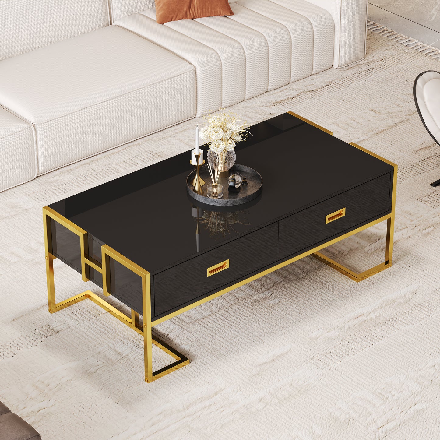 Modern Black Rectangular Coffee Table With 4 Drawers And Gold Base In 47.3