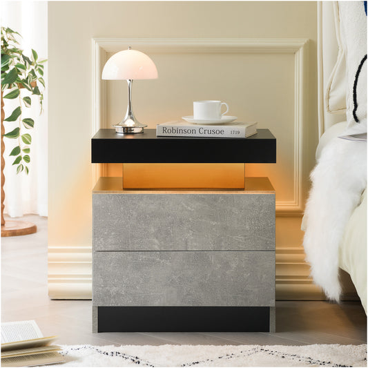 Nightstand LED Bedside Table Cabinet Lights Modern End Side With 2 Drawers For Bedroom Black Gray