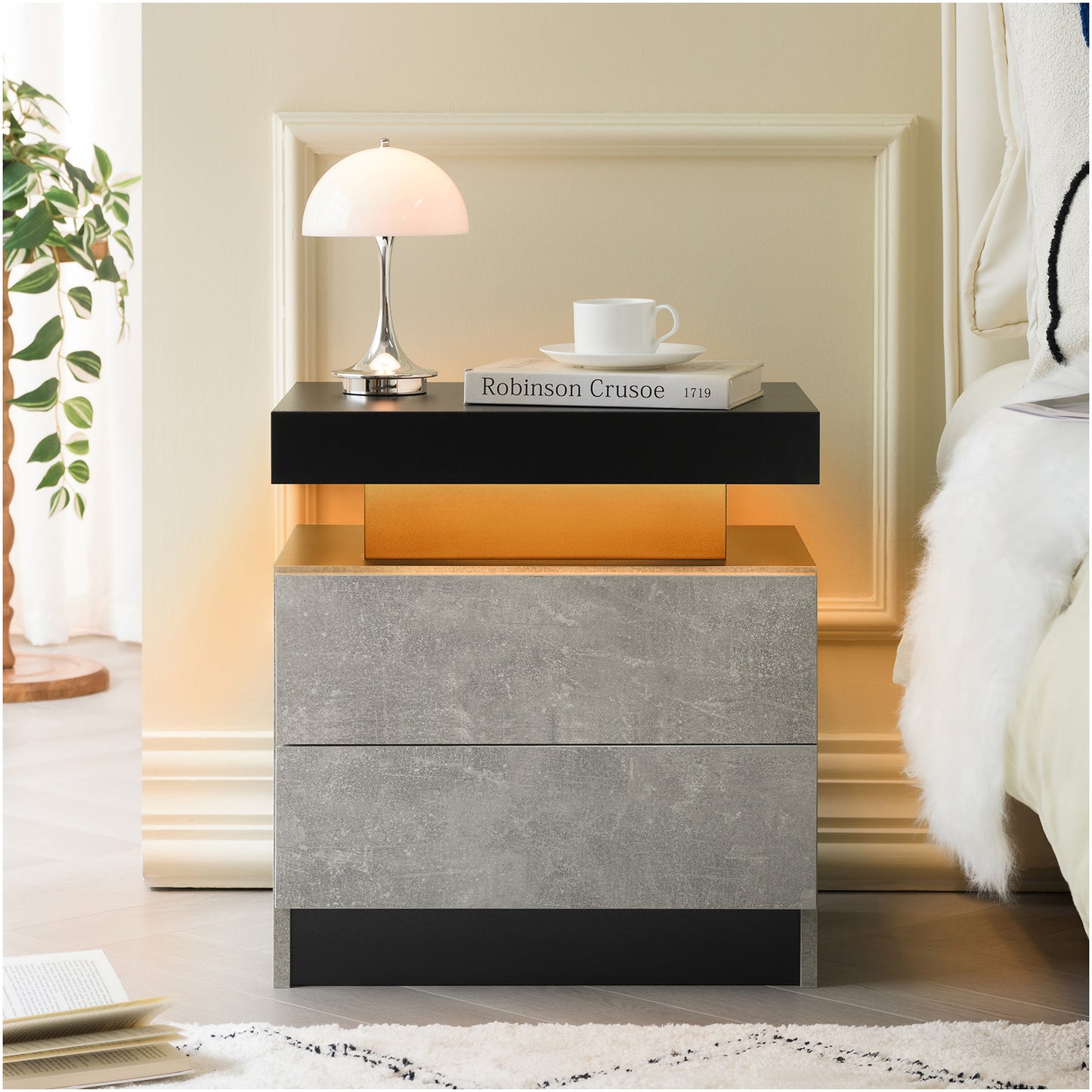 Nightstand LED Bedside Table Cabinet Lights Modern End Side With 2 Drawers For Bedroom Black Gray