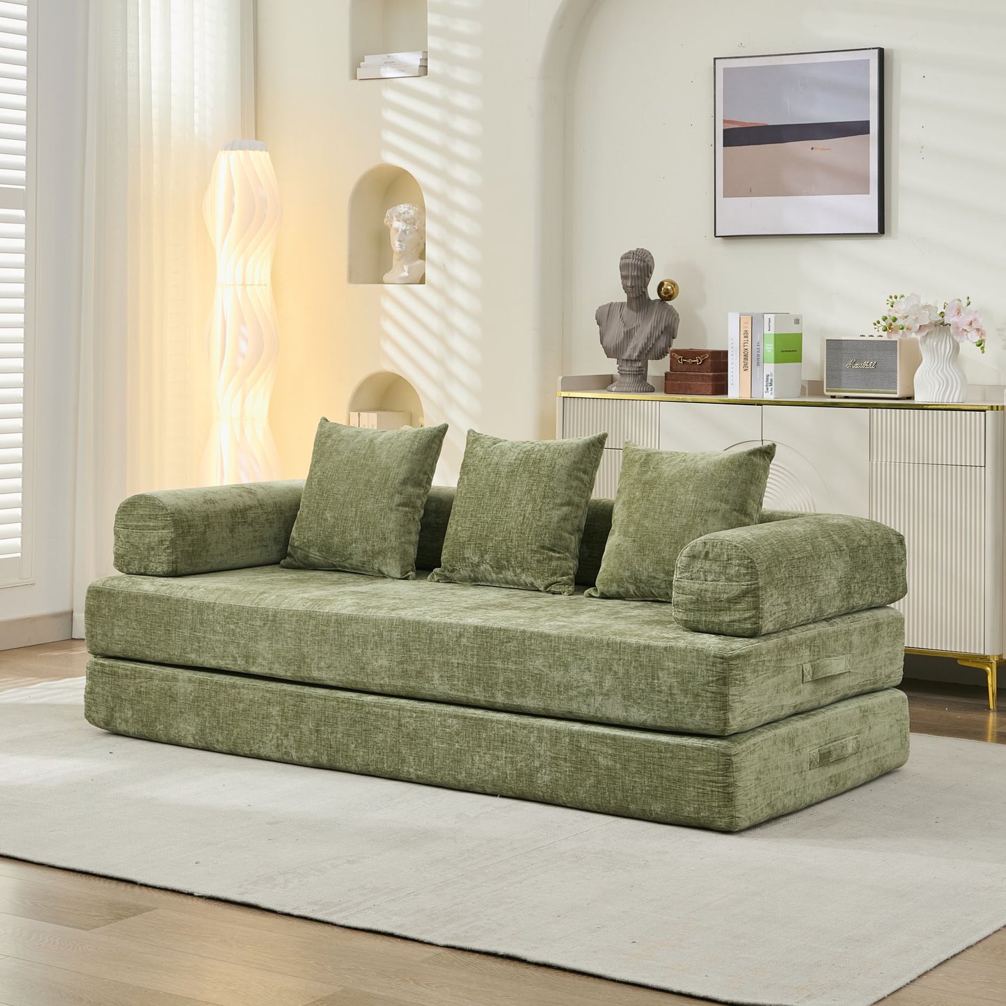 Comfy Convertible Folding Mattress Couch, Floor Sofa Bed, Chenille Floor Sofa With Armrest, Floor Sofa Lounge Couch For Living Room Bedroom Lounge Studio-Green