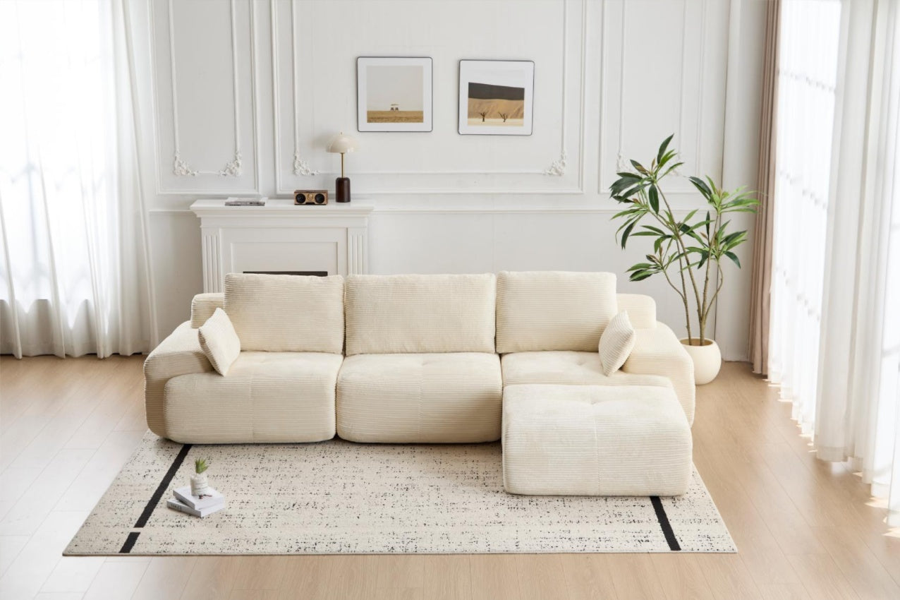 Modern Memory Foam Compressed Sofa,Large Sectional Couches For Living Room,Pet-Friendly Cloud Modular Sectional Sofa,Corduroy Fabric,Extra Deep Loveseat,No Assembly Required, BEIGE
