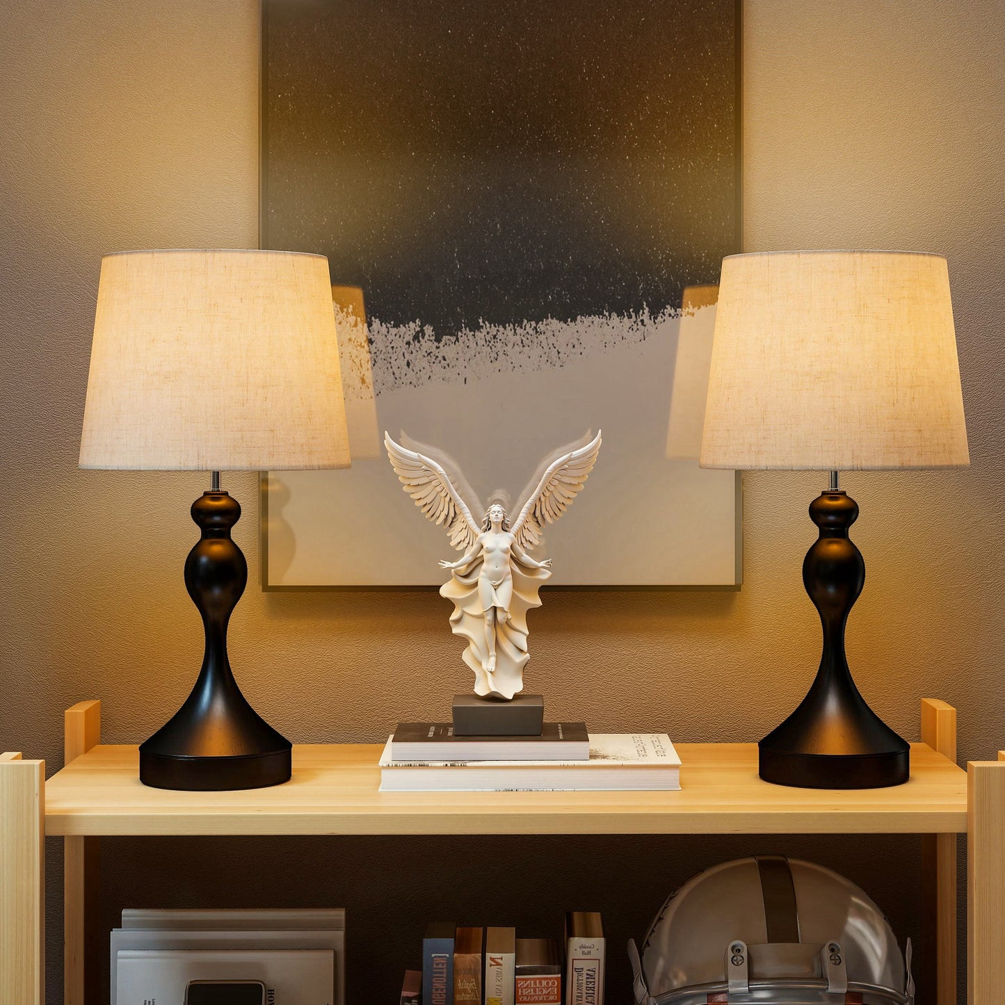 Set Of Two Three-Colour Lamps, With USB Ports - Black/Beige