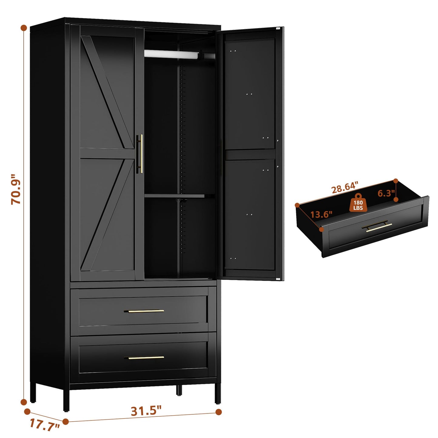 METAN Metal Wardrobe Closet With Doors,Armoire Wardrobe Closet With 2 Drawers For Bedroom,Assembly Required,Black