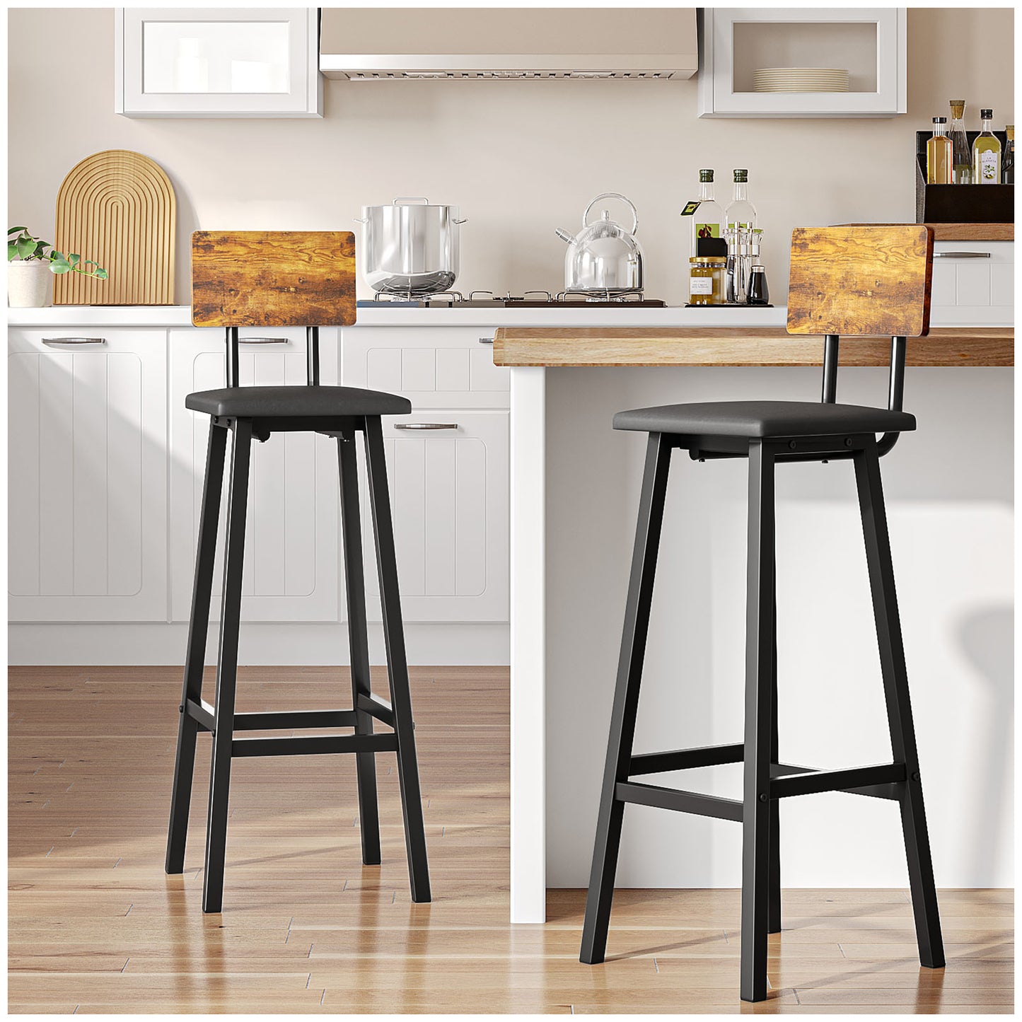 2 Bar Stools, Bar Height Stools, 29.1 Inches Tall Barstools With Back, Counter Bar Chairs For Kitchen Island, Steel Frame, Industrial Style, Easy Assembly, Rustic Brown And Ink Black