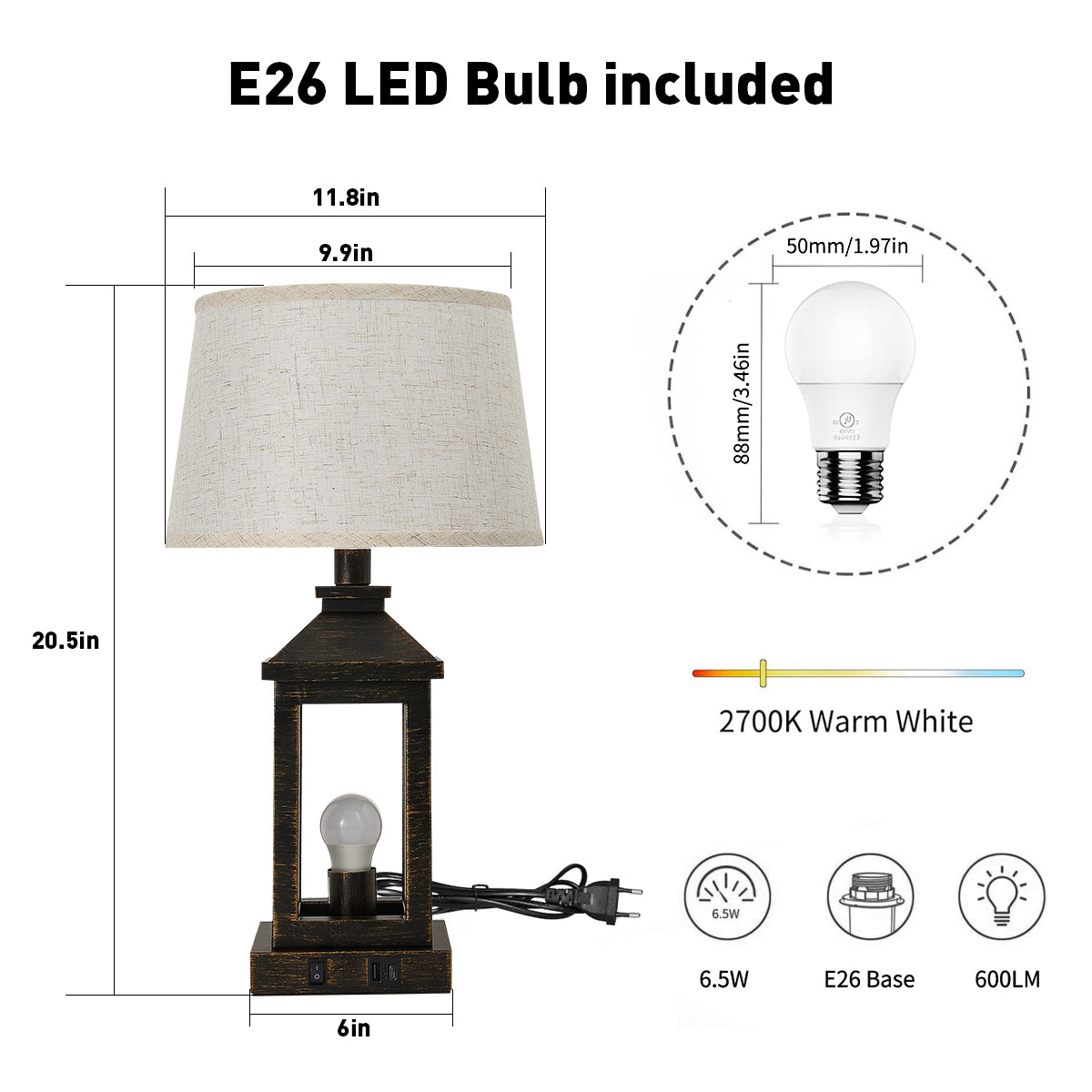 20.5in Black Gold Farmhouse Bedside Table Lamp, Suitable For Living Rooms, 3-Way Dimmable Touch Modern Bedside Table With 2 Lights For Bedrooms, Homes, Offices Including Light Bulbs