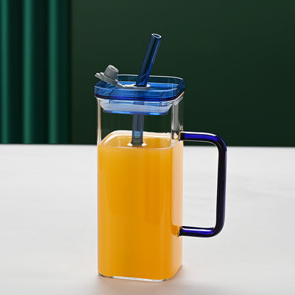 6 Pcs Glass Straw Cup, 6 Colors Square Glass Cup With Straw And Lid, High Borosilicate Glass Cup, Milk Cup, Juice Cup, Cold Drink Cup, Coffee Cup, Tea Cup, Office Cup, Gift Cup