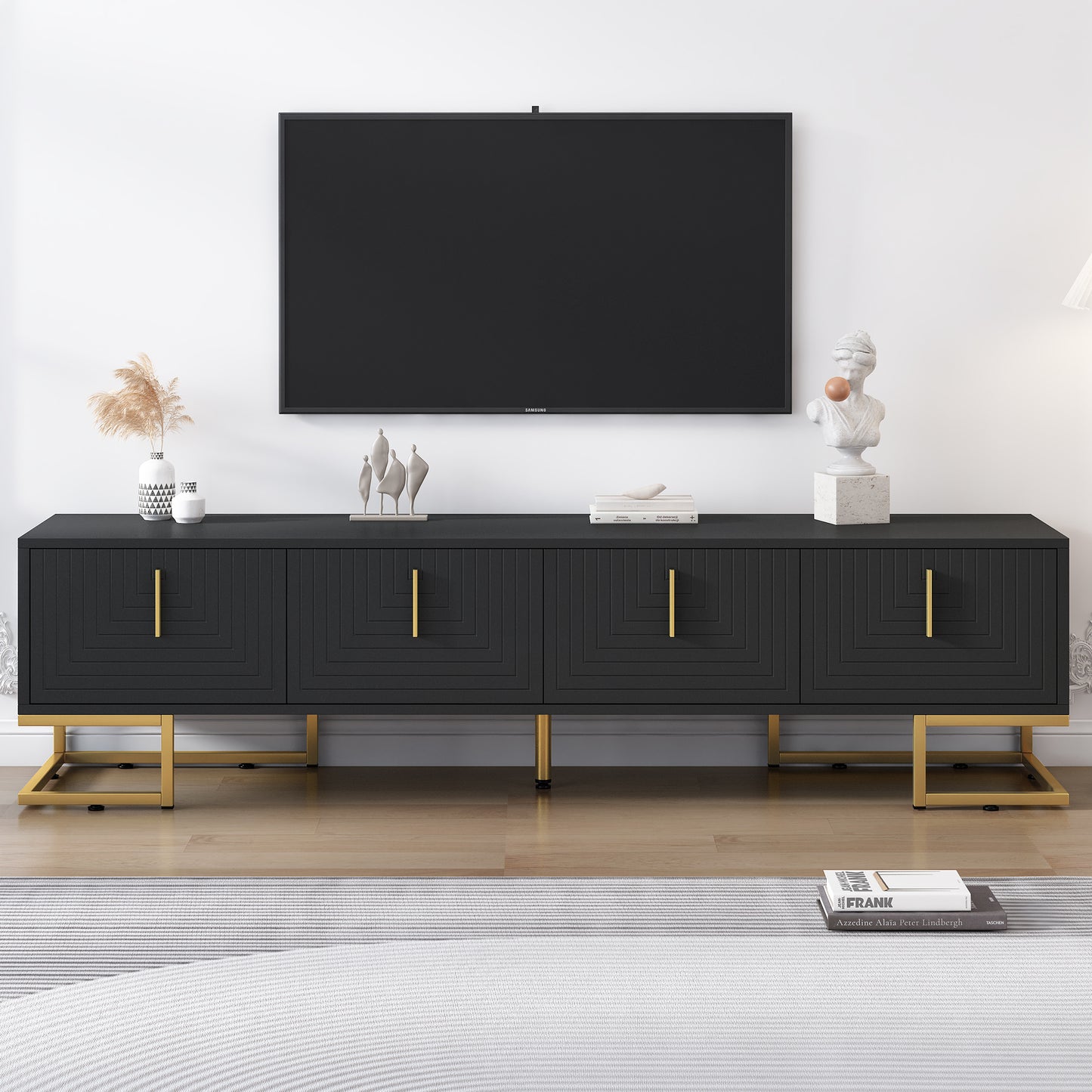 ON-TREND Modern TV Stand With Metal Legs And Gold Handles For TVs Up To 80'', Media Console Table With Cabinets And Adjustable Shelves, Luxury TV Cabinet With Geometric Lines For Living Room, Black