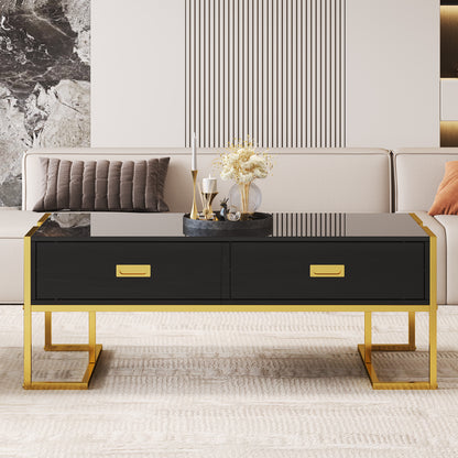 Modern Black Rectangular Coffee Table With 4 Drawers And Gold Base In 47.3