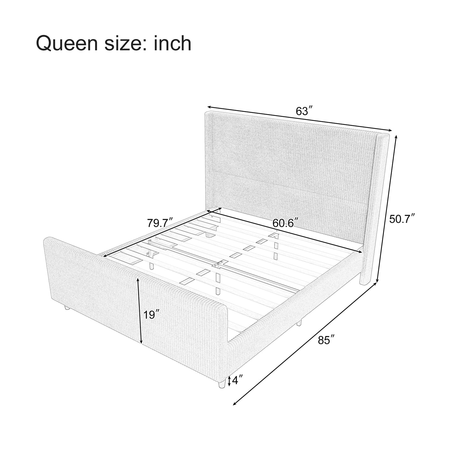 50.7'' High Headboard Corduroy Upholstered Bed Frame With Vertical Stripe Wingback And High Footboard No Box Spring Needed, Queen Size, Cream
