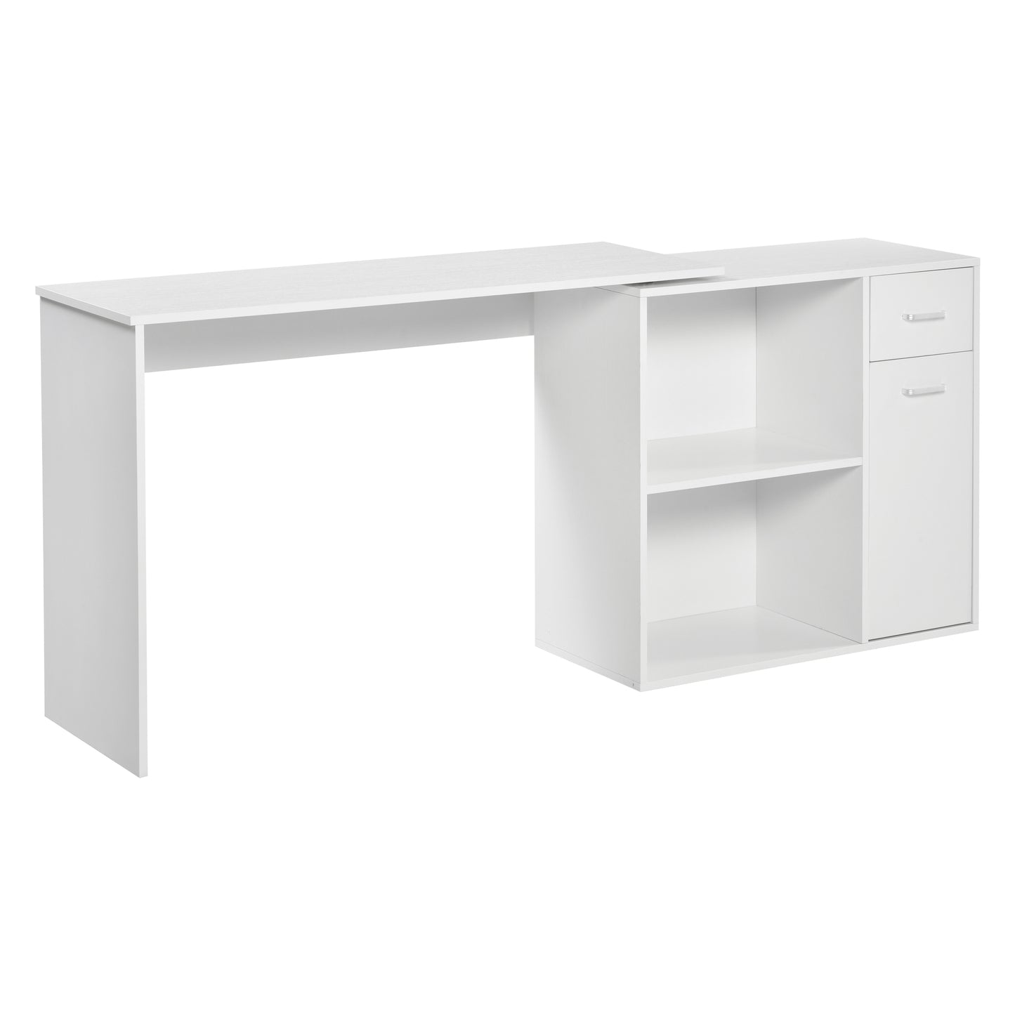 L Shaped Computer Desk, 180° Rotating Corner Desk with Storage Shelves, Drawer and Cabinet, Study Workstation for Home Office, White