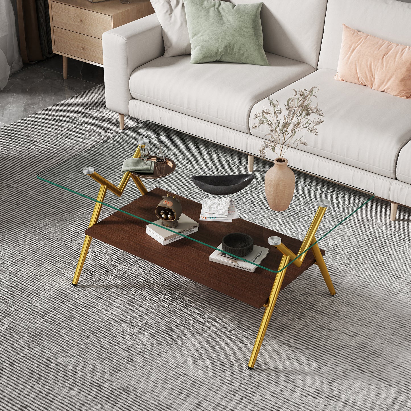 Rectangle Coffee Table With Tempered Glass Top And Golden Metal Legs, Modern Table For Living Room , Transparent Glass
