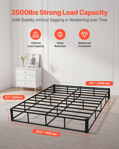 Box Spring, Queen Size Bed Frame With Washable Fabric Cloth, Heavy Duty Metal Frame For Queen Bed, 9 In Mattress Foundation, 3500 Lbs Max Weight Capacity, Easy Assembly, 79.1L X 59.6W X 9.1H In