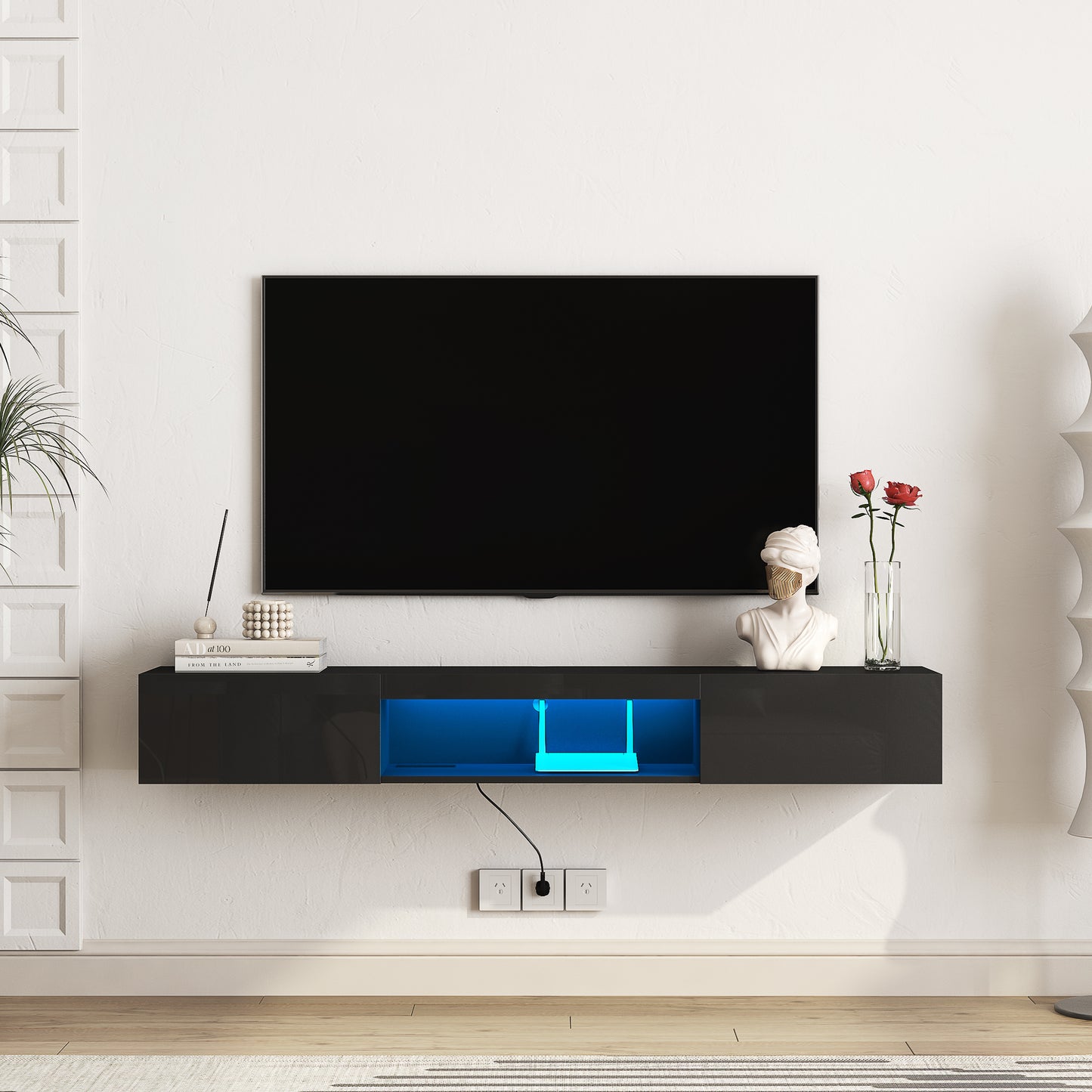 Floating TV Stand Wall Mounted With 16 Color LEDs Modern TV Stand, Floating TV Cabinet Entertainment Center For 55 60 65 Inch TV,Black