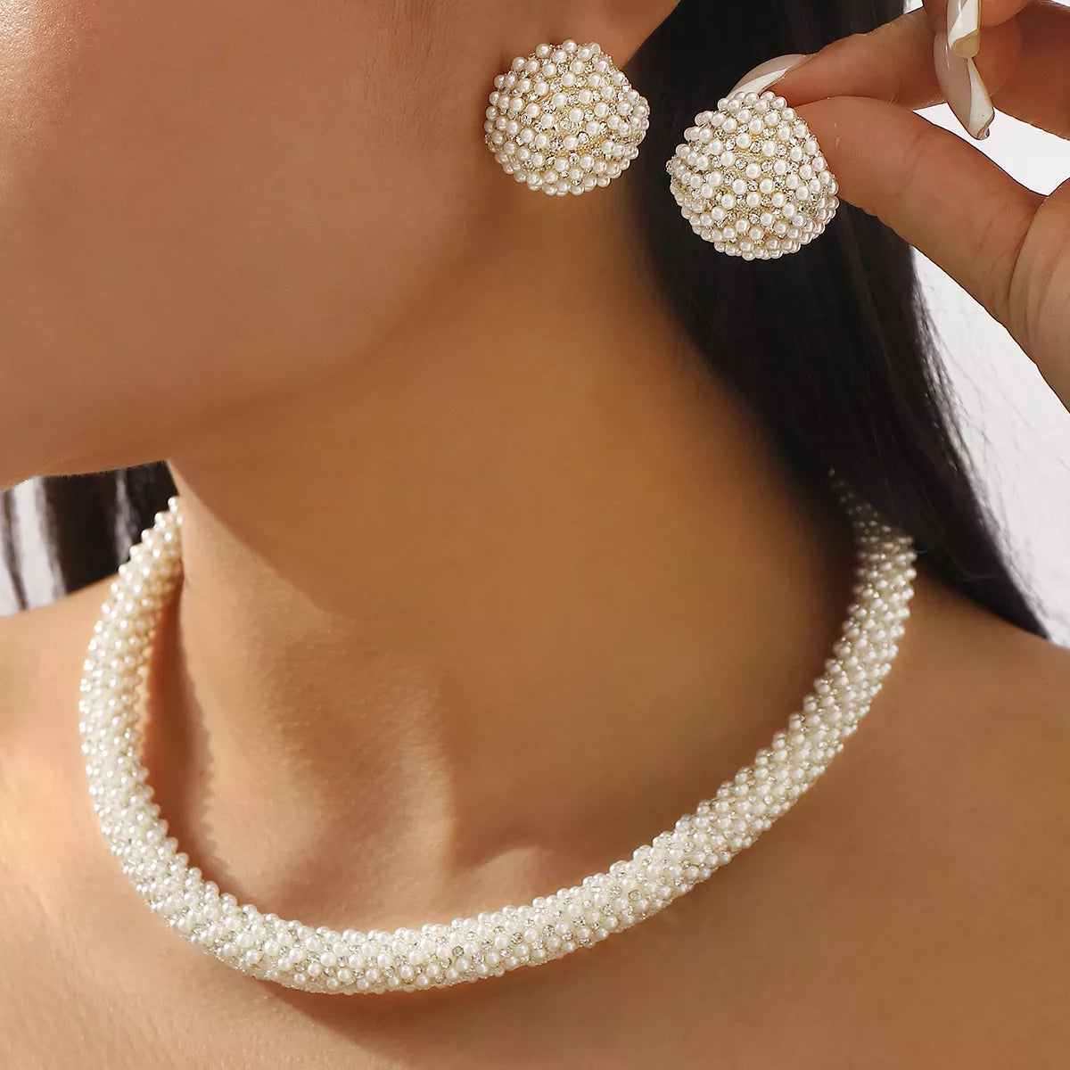 Pearl Embellished Earrings and Necklace Jewelry Set
