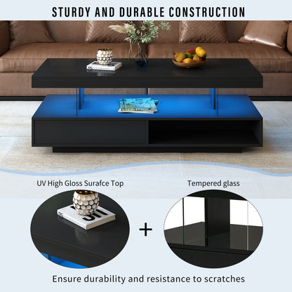 VIBE HAUS LED Coffee Table With Storage, Modern Center Table With 2 Drawers And Display Shelves, Accent Furniture With LED Lights For Living Room,Black