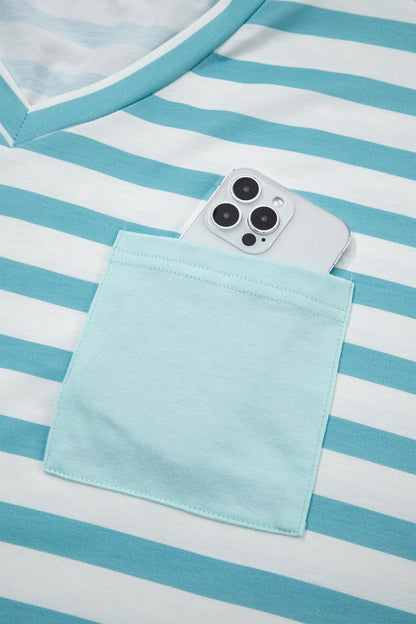 Stripe V Neck Patched Pocket Casual T Shirt