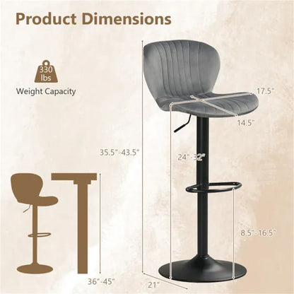 2-Pack Adjustable Height Bar Stools With 360° Swivel, Dutch Velvet Upholstered Bar Chai - Gray
