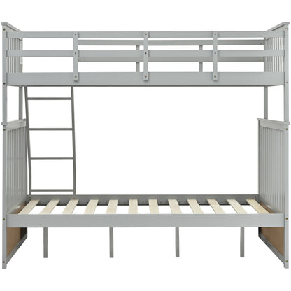 Twin Over Full Bunk Bed , Wooden Bunk Bed With Ladder And Safety Guard Rails - Gray