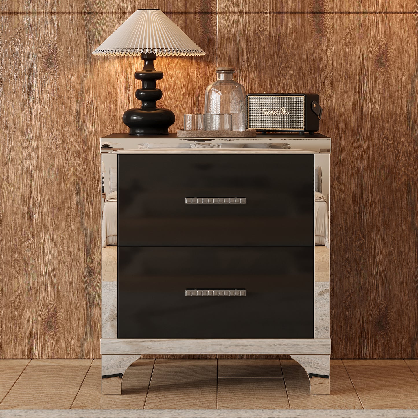Elegant High Gloss Nightstand With Metal Handle,Mirrored Bedside Table With 2 Drawers For Bedroom,Living Room,Black